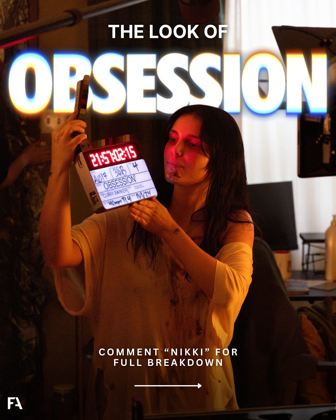 The Look of Obsession, a camera assistant holding a slate on set beneath the film's neon title treatment