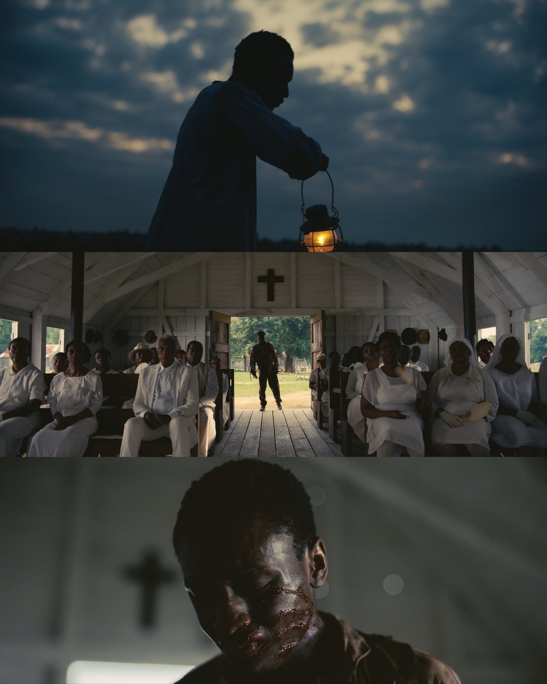 Three frames from Autumn Durald Arkapaw's cinematography, a lantern at night, a church interior, and a close up